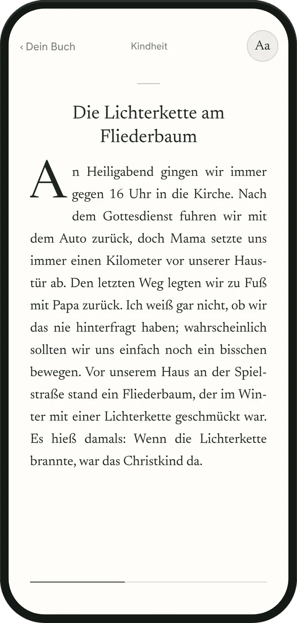 Eine fertige Buchseite in der App: „Die Lichterkette am Fliederbaum“